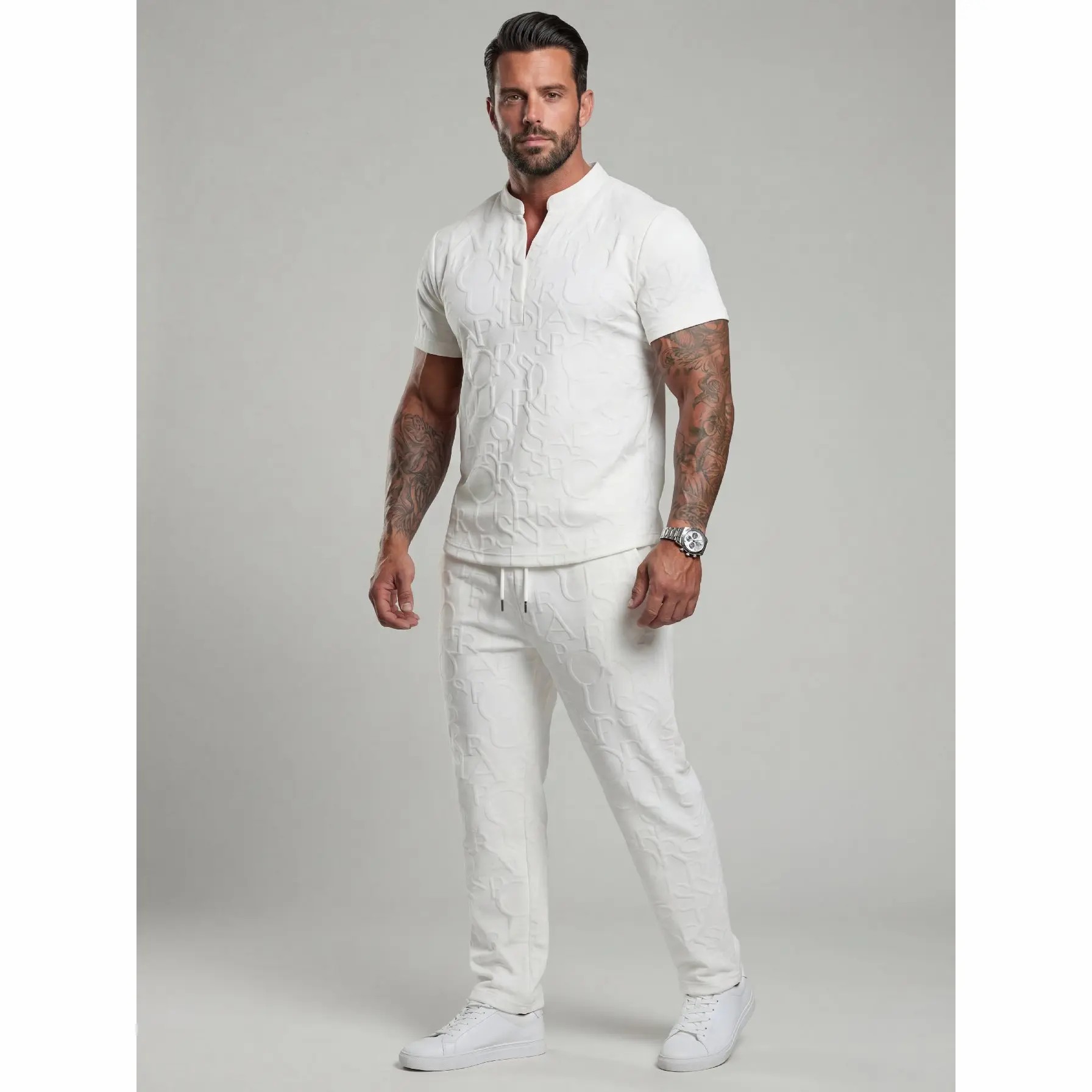 Men's Textured Letter Embossed Tee & Drawstring Waist Pants