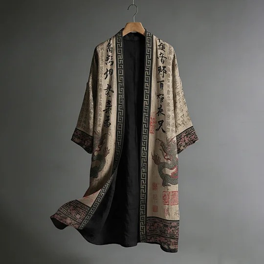 Japanese Men's Dragon Pattern Painting And Calligraphy Art Linen Long Kimono