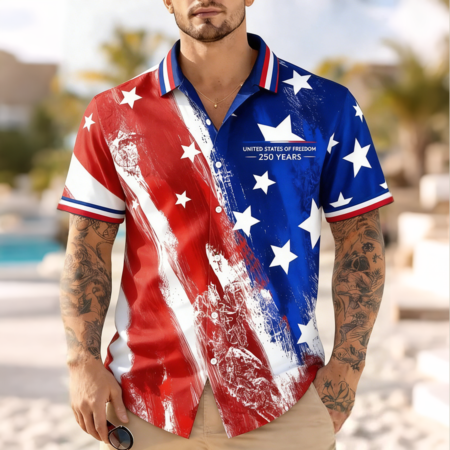 Men'S Casual American Flag Color Blocked Art Print Hawaiian Shirt
