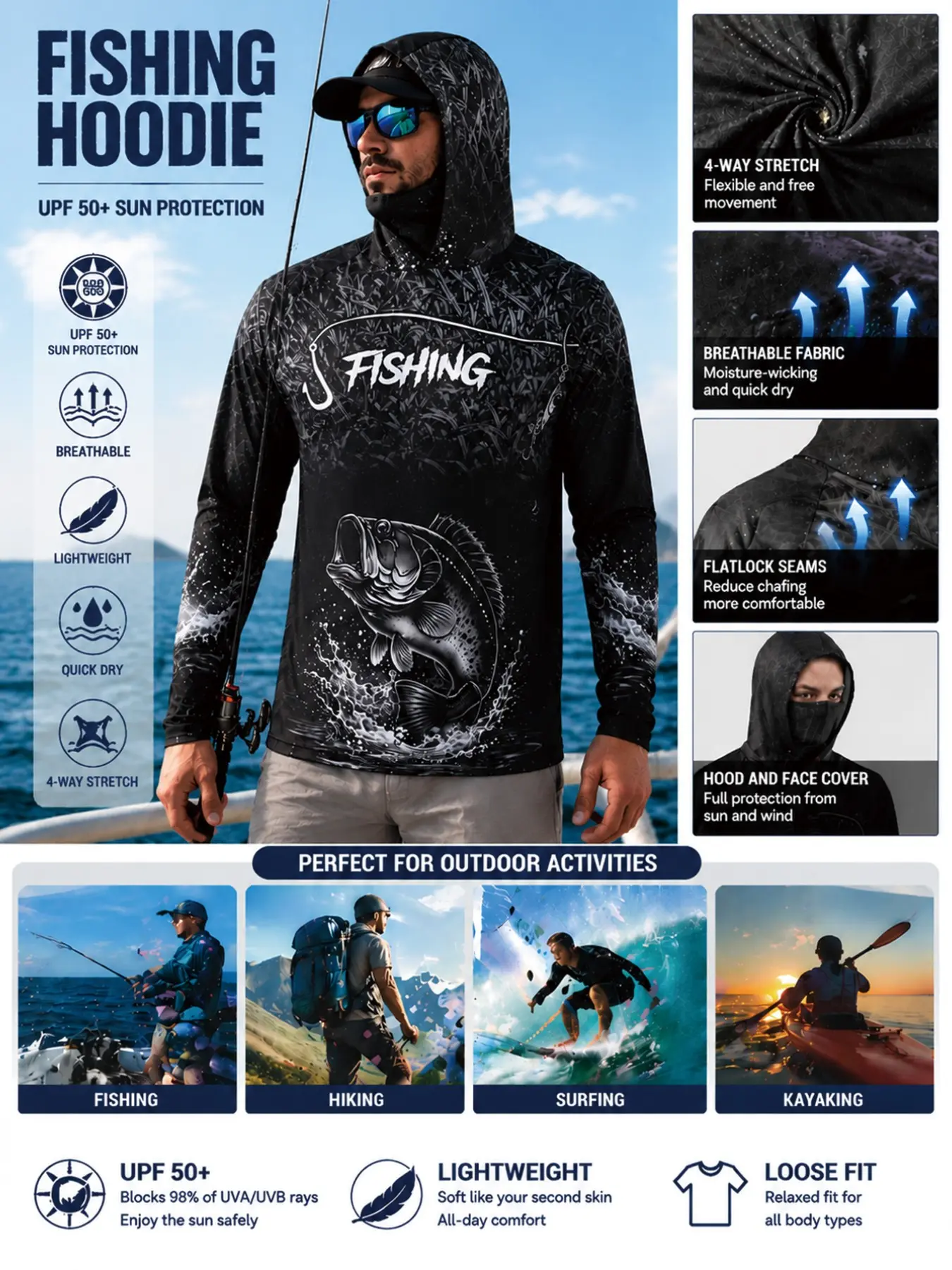 Men's Long Sleeve Hooded Fishing Shirt with Face Mask