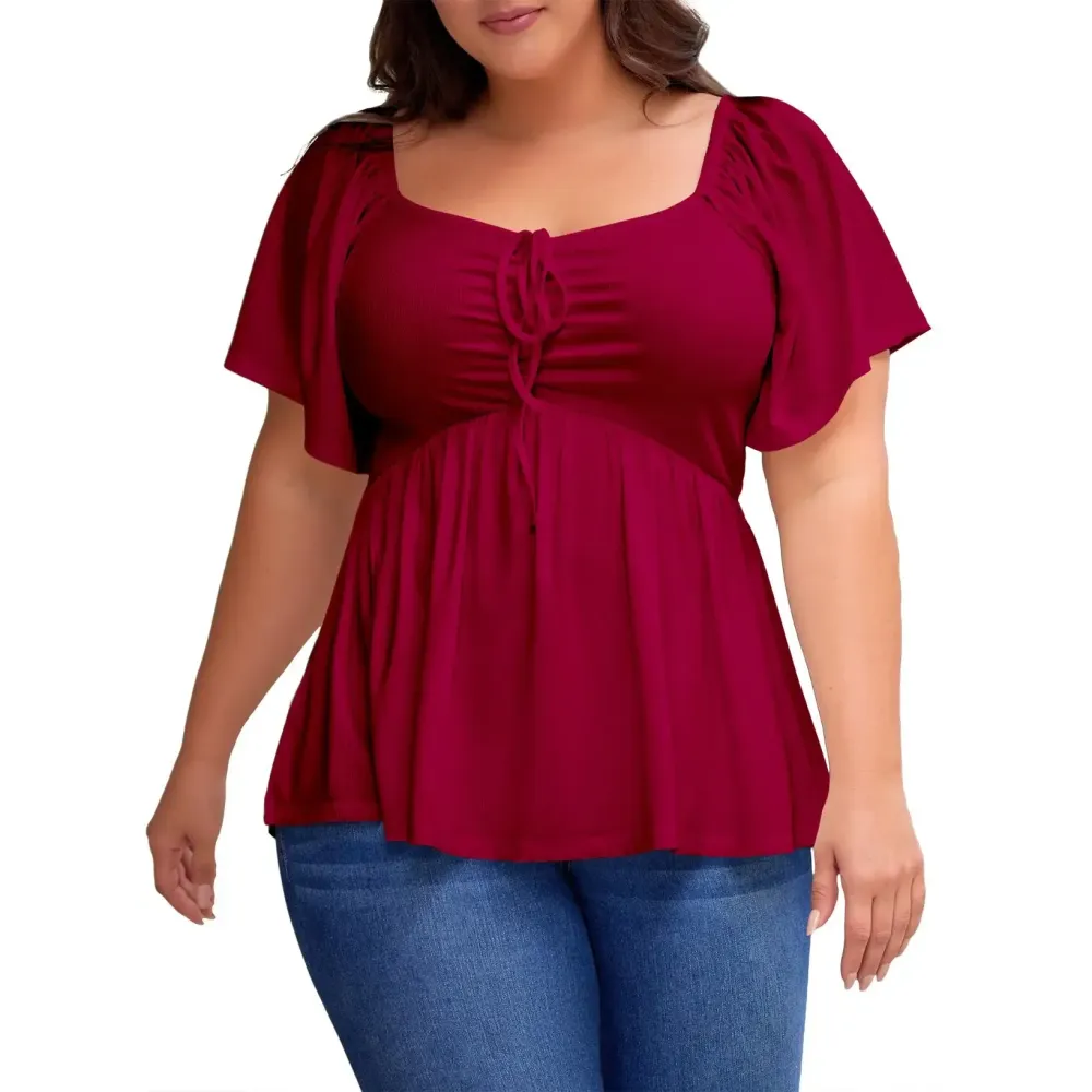 Women Plus Size Sweetheart Neck Short Sleeve Shirred Peplum Blouse Tops Shirts