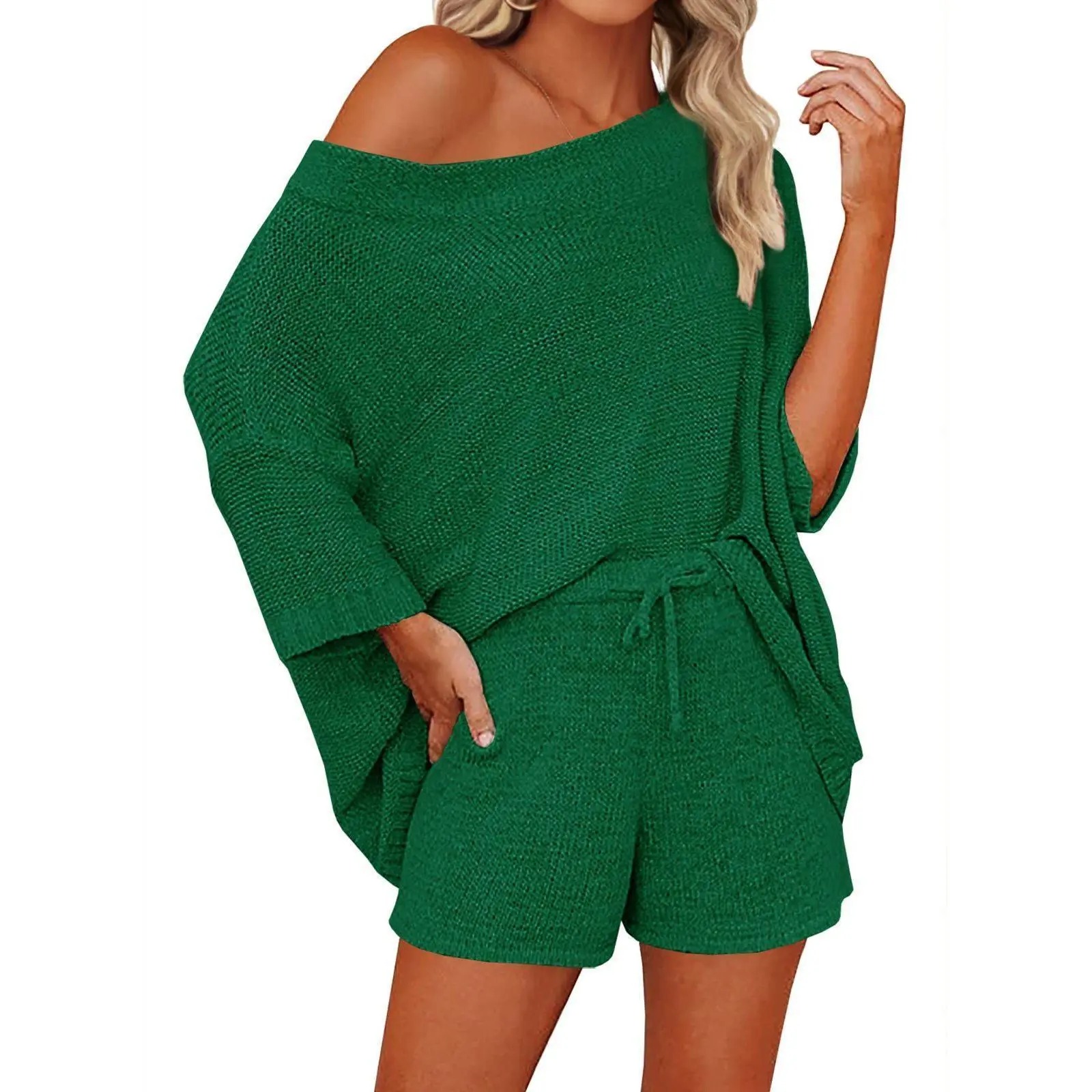 🔥LAST DAY SALE 90% OFF💕Cozy Vibes Off-Shoulder Knit Top & Shorts Lounge Set