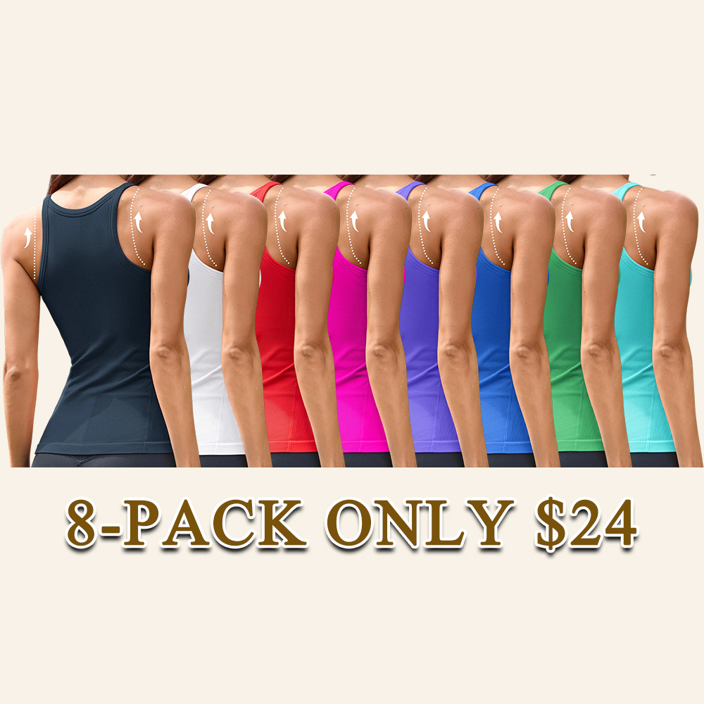 Women's Seamless Ribbed Racerback Tank Top Crew Neck Athletic Workout Camisole with Built-In Bra