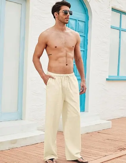 New York Fashion Week Linen Yoga Elastic Beach Vacation Pants Cotton Fabric Bottom Breathable Drawstring Light Loose Comfort Fit Adjustable Summer Trouser