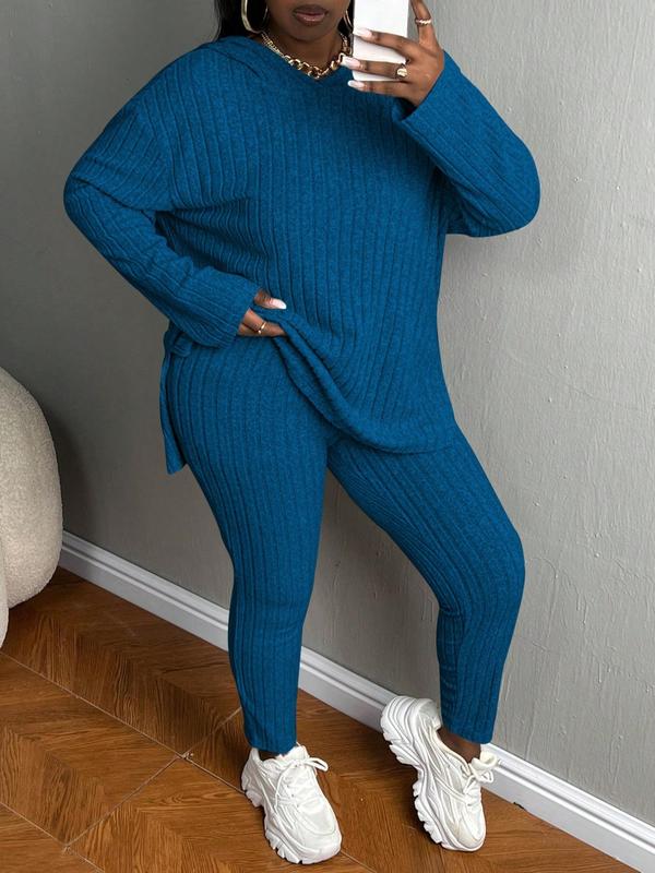 [Plus Size]Women's Two-Piece Set Solid Textured Ribbed Drop Shoulder Hoodie & Elastic Waist Pants, Casual Fashion Cozy Ribbed Outfits
