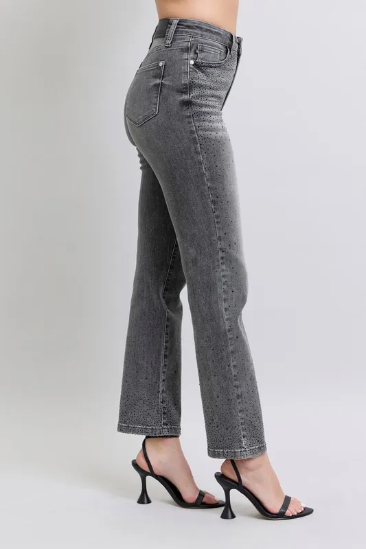 Blue Full Size High Waist Rhinestone Straight Jeans Plus Size