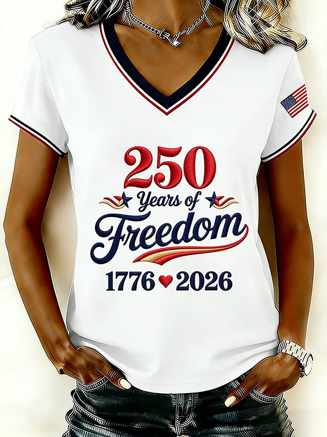 Women's Retro American 250th Anniversary Printed V-neck T-shirt
