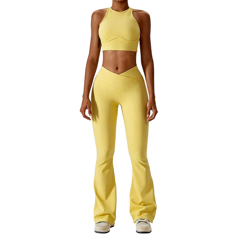 High-waisted seamless sweatpants paired with a padded elastic bra two-piece set