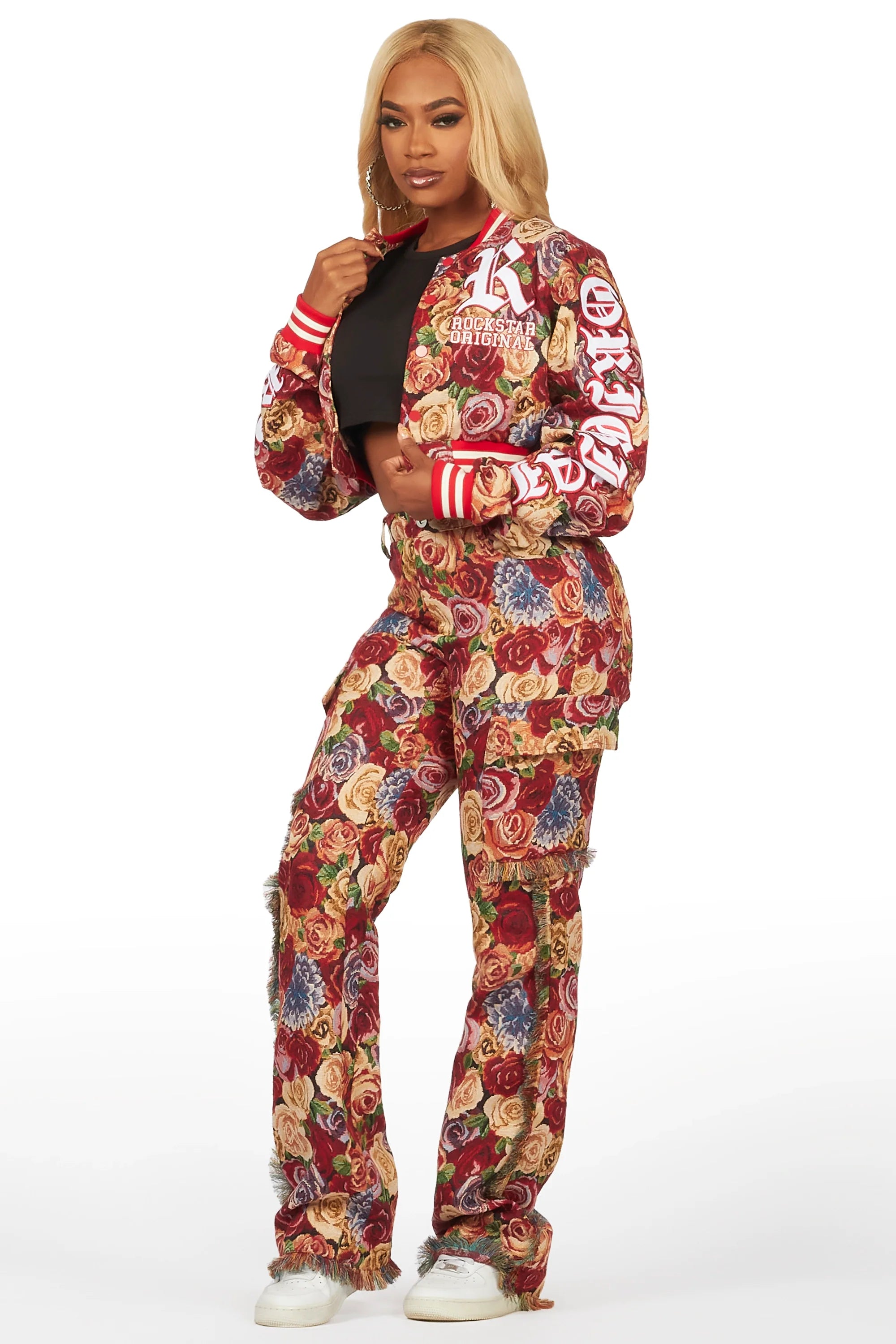 Darresha Red Crop Tapestry Varsity Jacket