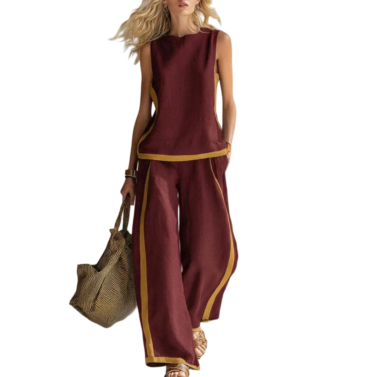 Women's Sleeveless Color Block Top & Wide Leg Pants Set – Casual Summer 2-Piece Outfit