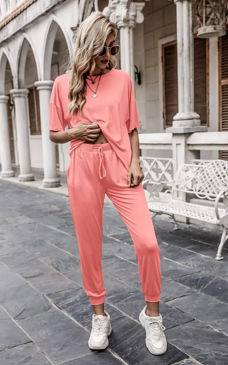 Women's 2-Piece Crew Neck Short Sleeve Tracksuit Jogger Set