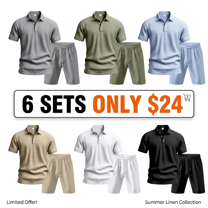 Men’s Linen Beach Two Piece Set, Casual Short Sleeve Button Down Shirt and Loose Long Pants Set