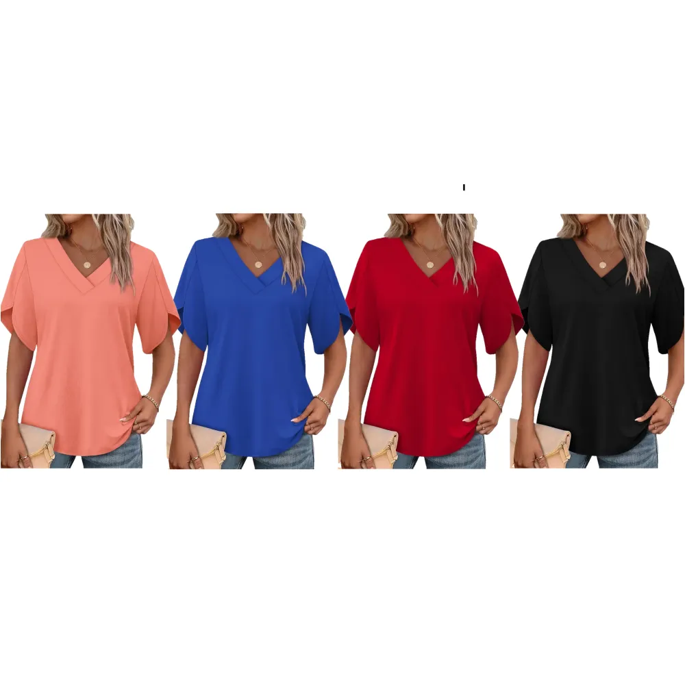 Womens Short Sleeve V Neck Dolman Tops with Side Shirring Loose Fit Shirts