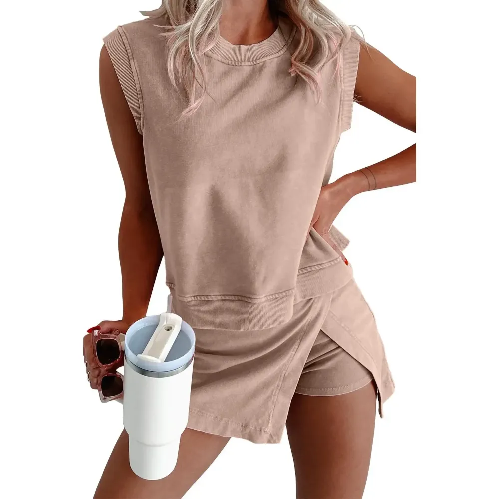 Summer Sets Women 2 Piece Outfits Shorts Tank Top and Casual Skort Lined Split Athletic Skirt Set
