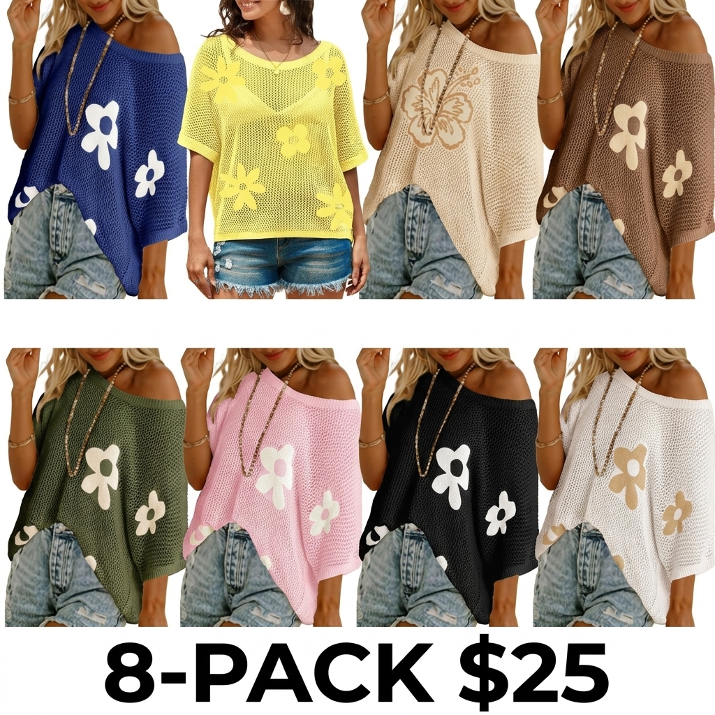 Women's Floral Crochet Sweater – Short Sleeve Lightweight Knit Beach Cover Up
