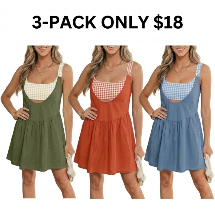 Women's Casual Gingham Contrast Mini Dress - Fake 2-Piece, Athletic Dress
