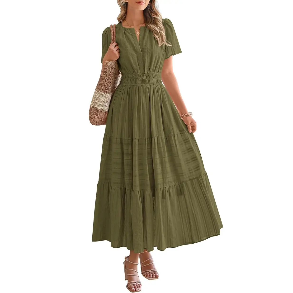 Women's Casual V-Neck Boho Maxi Dress with Pockets
