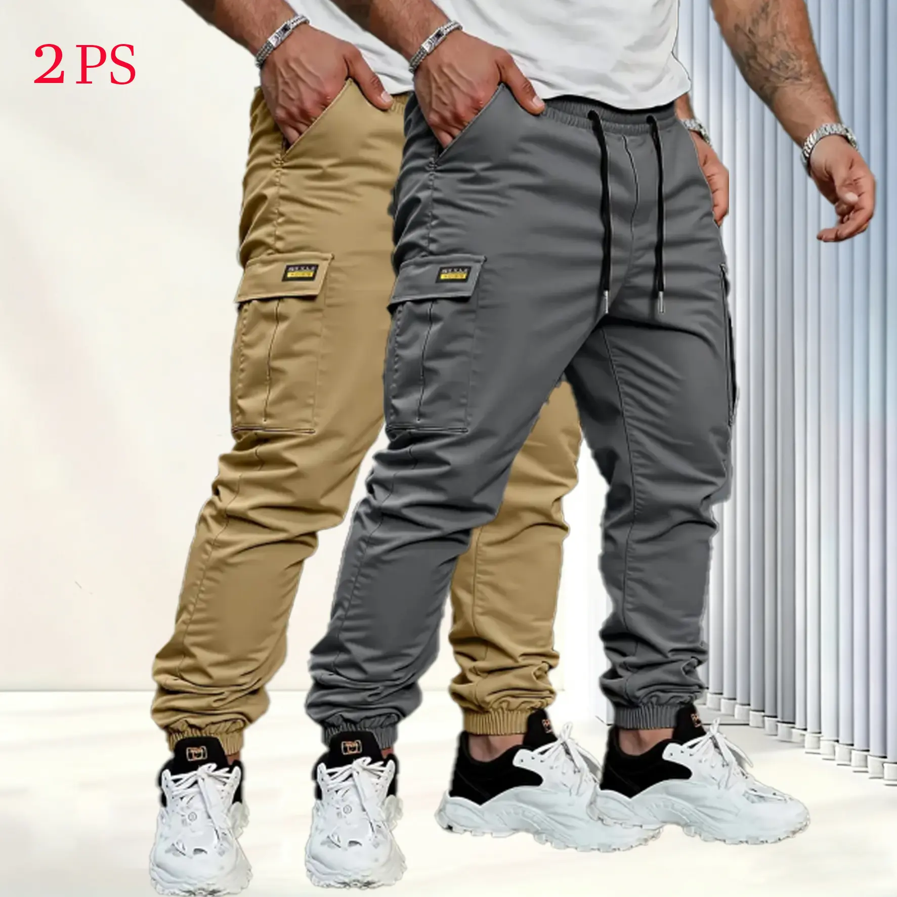 Men's solid color tactical work pants with multiple pockets and drawstring design