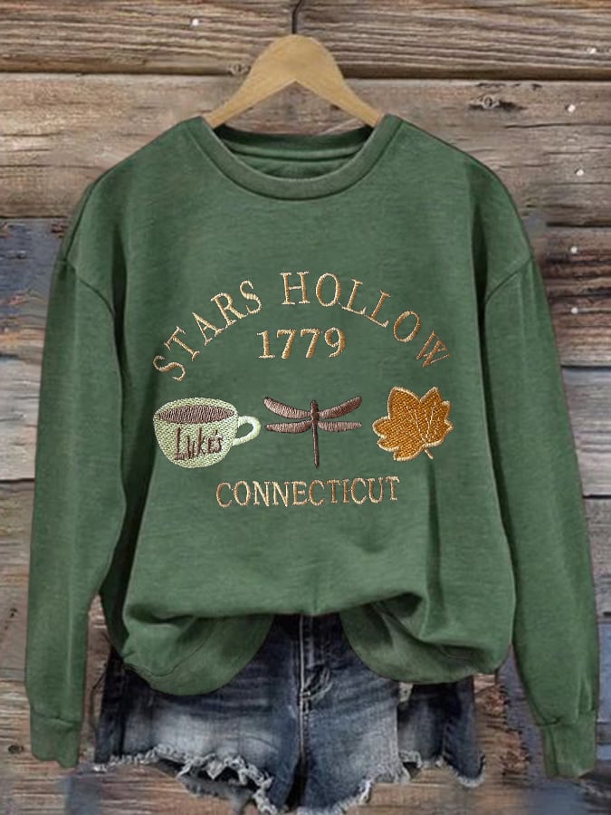 🔥HOT SALE🔥Retro Fall Stars Hollow 1779 Connecticut Luke’s Coffee Cup Dragonfly Maple Leaf Print Sweatshirt