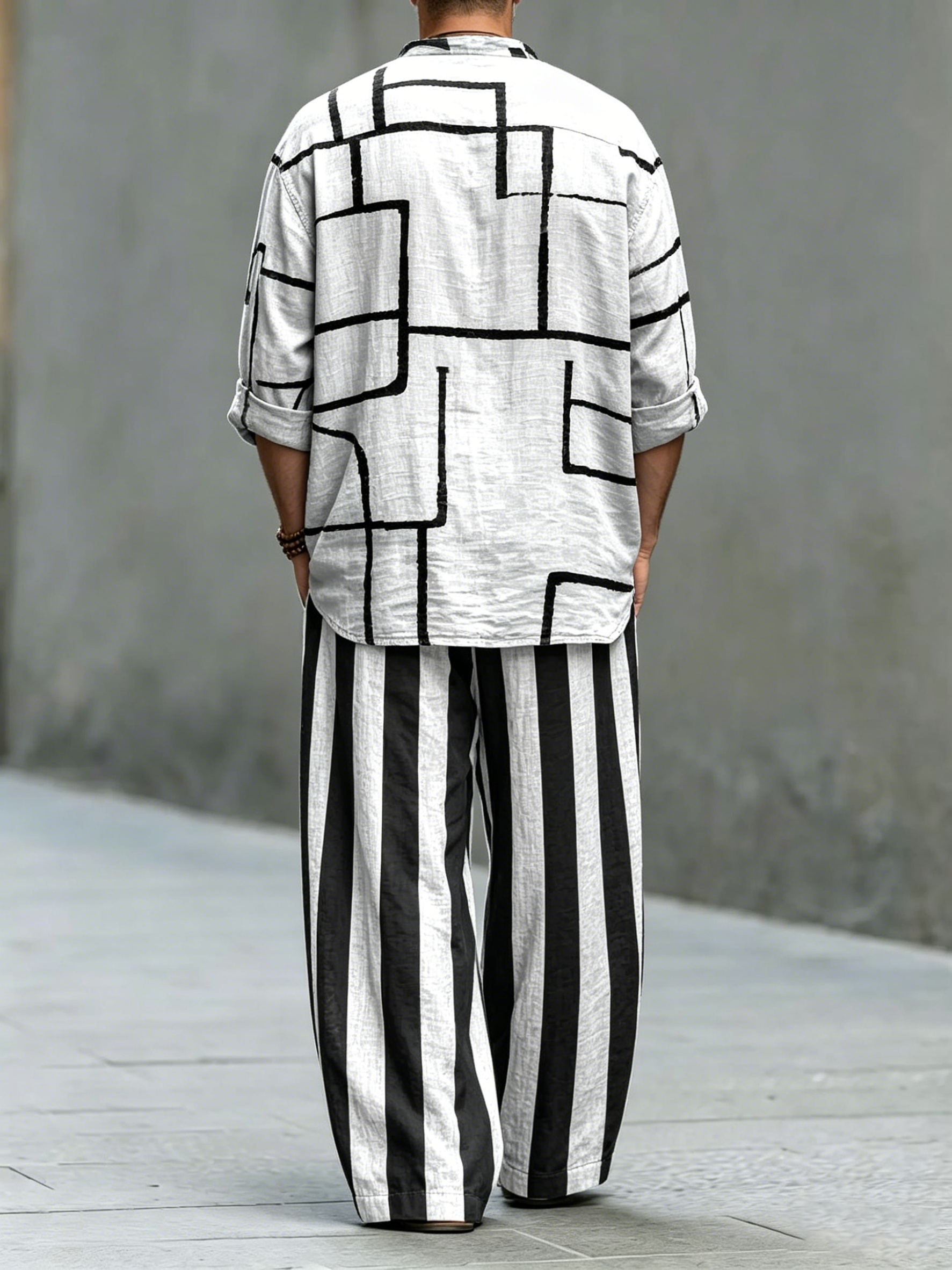 Men's Abstract Geometric Stripes Art Print Cotton Shirt Set