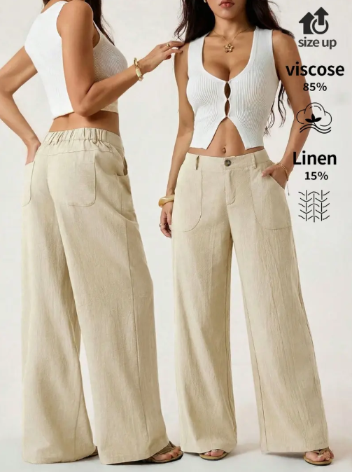 Women's Classical Chic Linen Palazzo Pants Summer Flowy Loose Wide Straight Leg Beach Trousers