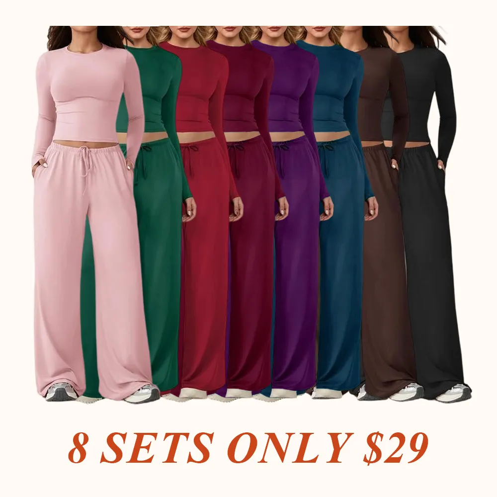 Women's 2-Piece Activewear Set Long-Sleeve Crop Top & Wide-Leg Pants Stretchy Fabric