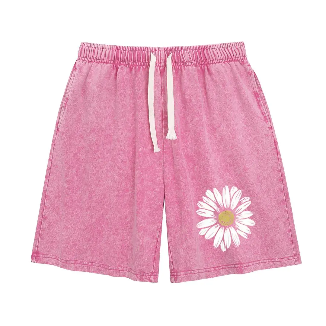 Summer Vintage Printed Acid Wash Sweat Shorts, Unisex Casual Streetwear Bottoms with Drawstring and Convenient Pockets baggy comfy