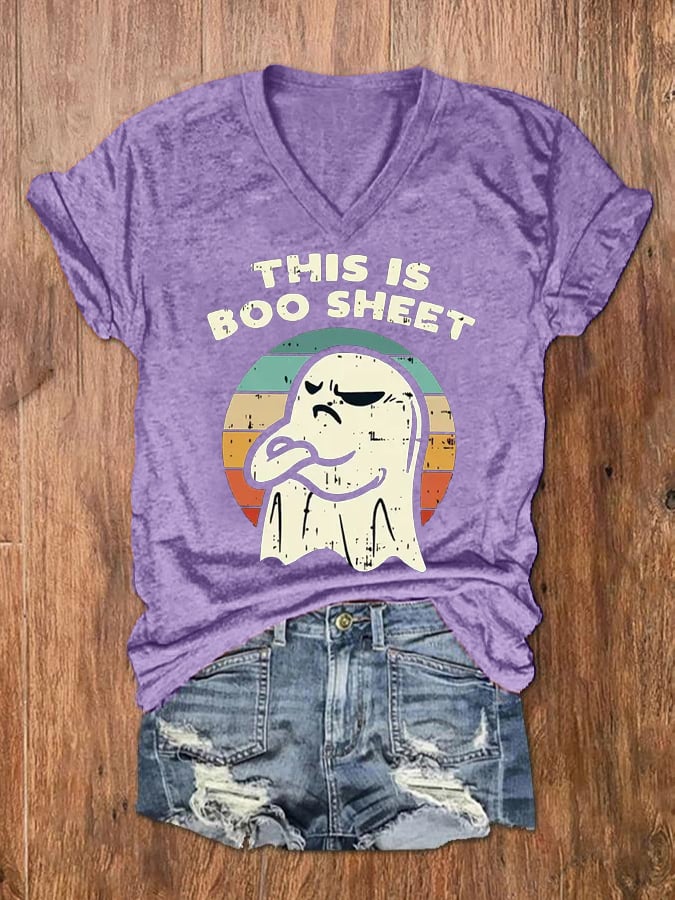 Women's This Is Boo Sheet Funny Halloween Ghost V-Neck Tee