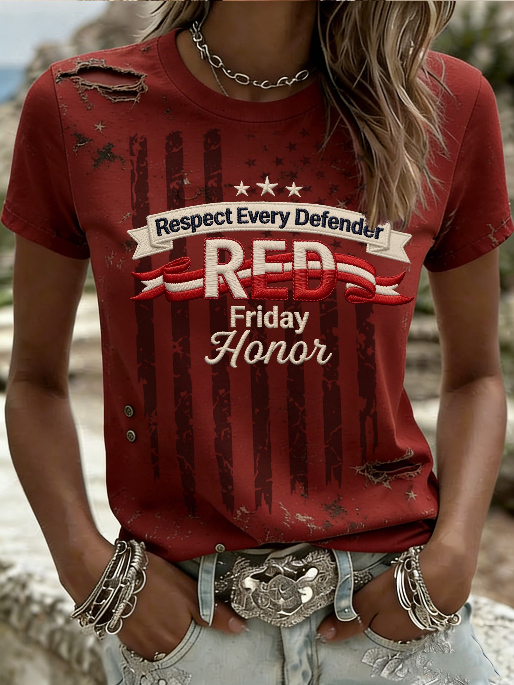 Women's Red Friday Print Casual Crew Neck Top