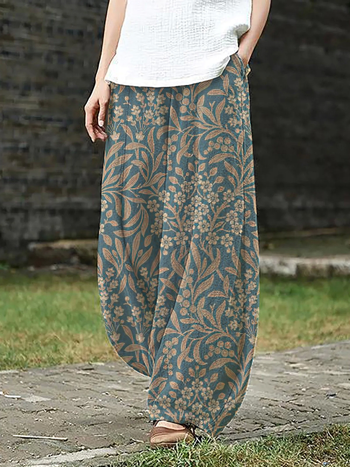 Women's Retro Plant Floral All Over Print Pocket Casual Pants