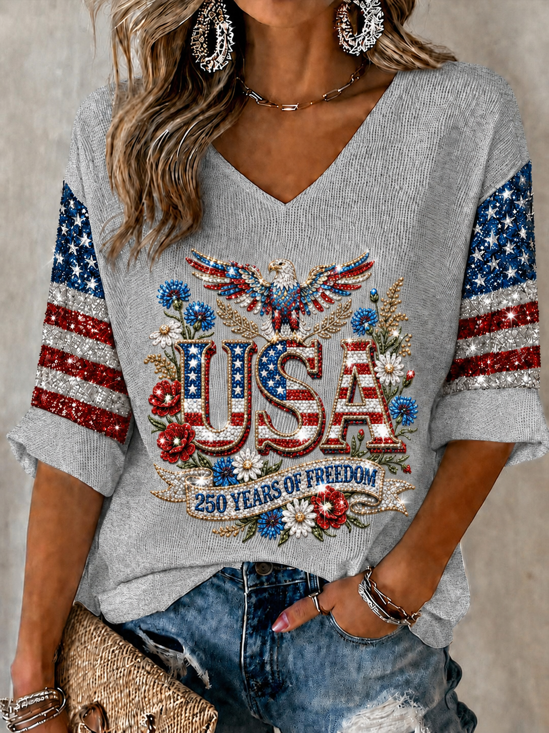 Women'S Retro Independence Day Art Printed Casual T-Shirt
