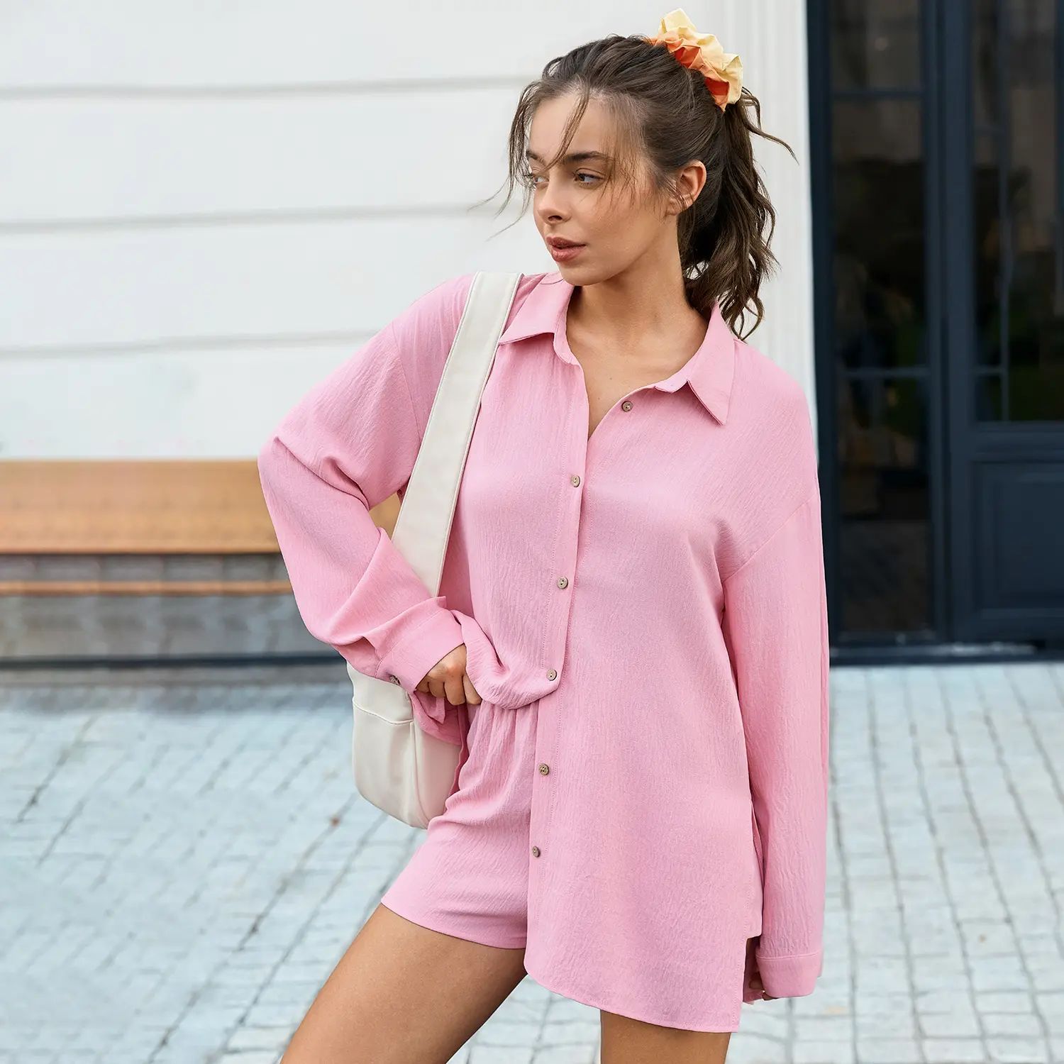 Womens Gauze Shirt & Shorts Set 2-in-1 Button Connected Oversized Long Sleeve Button-Down Top with Attachable Safety Shorts
