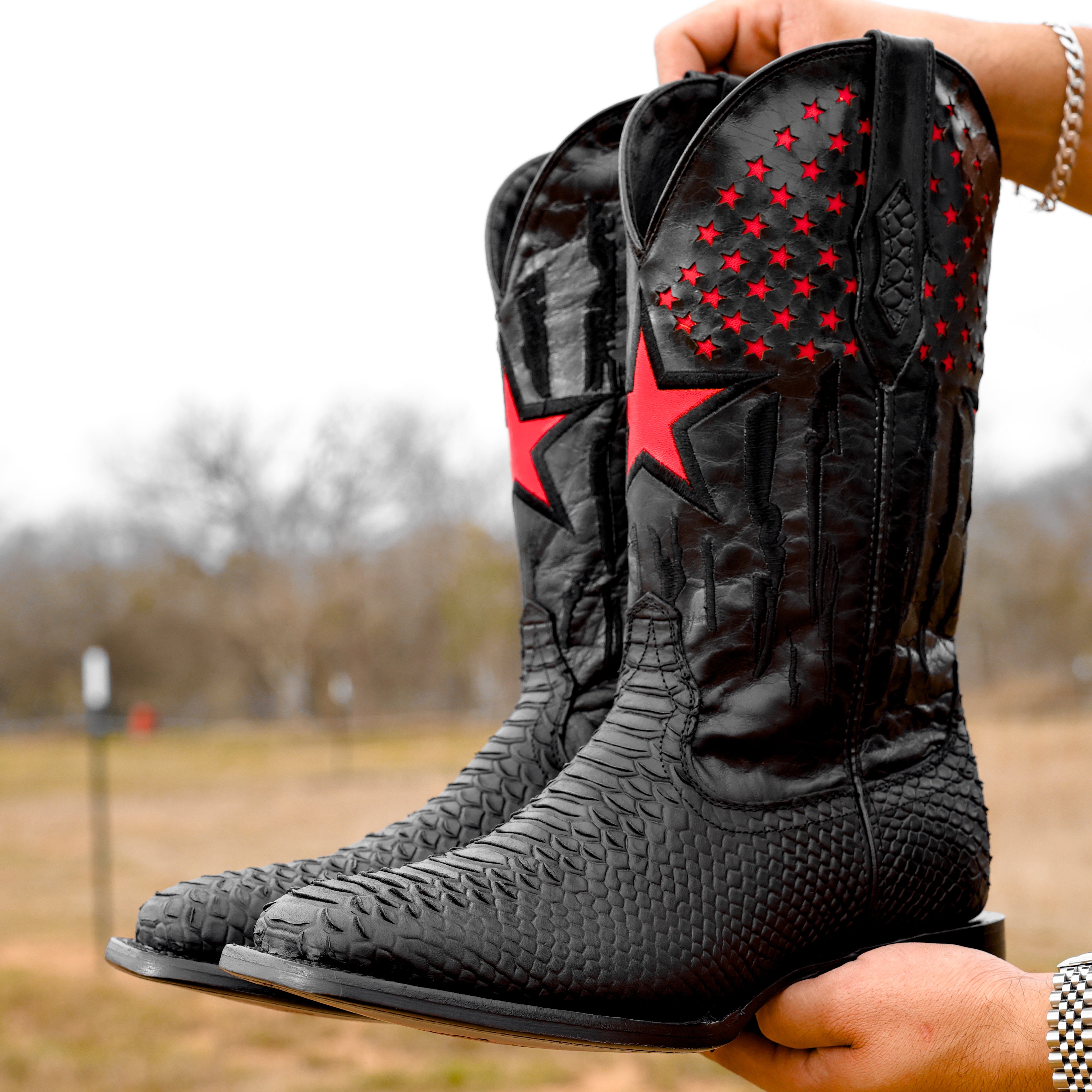Matte Black Python Leather Boots - Square Toe