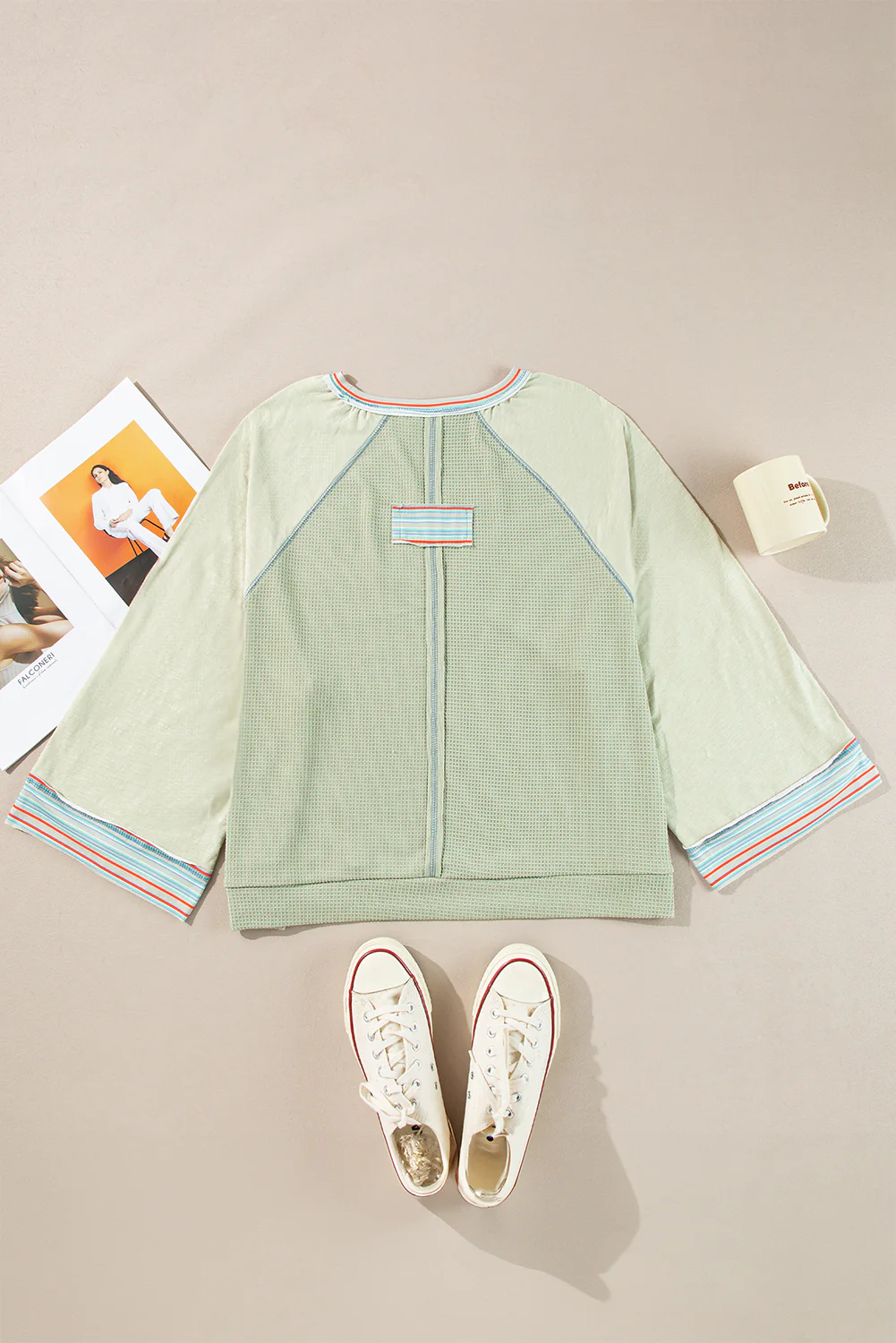Meadow Mist Waffle Knit Wide Bracelet Sleeve Patchwork Raglan Top
