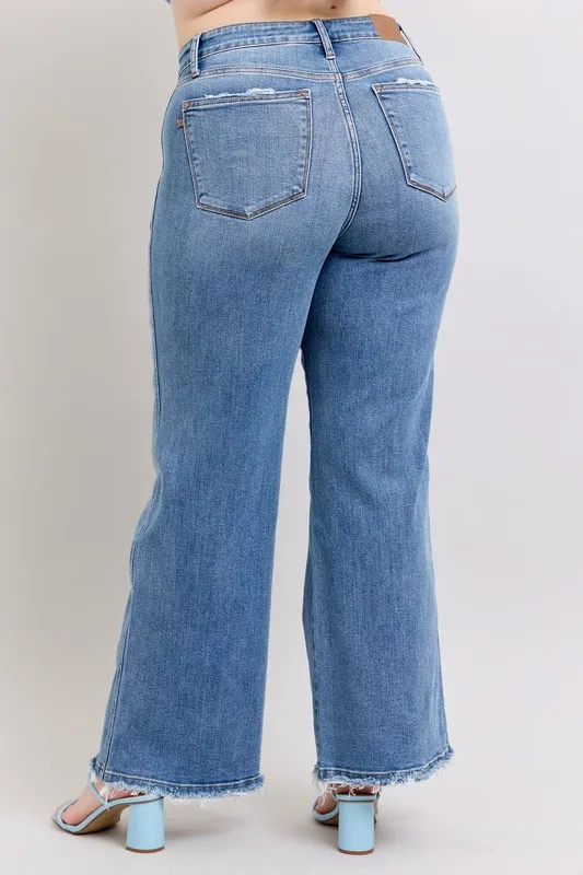 Blue Full Size Raw Hem Wide Leg Jeans Plus Size