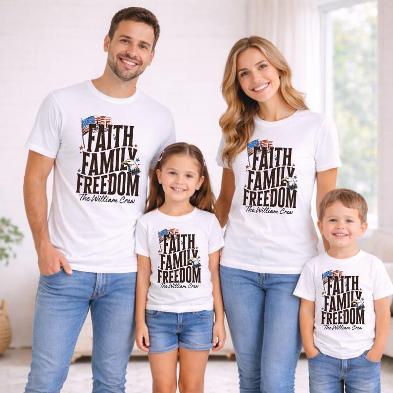 Personalized Faith Family Freedom Shirt Christian Patriotic Family Tee Matching July 4th Outfit