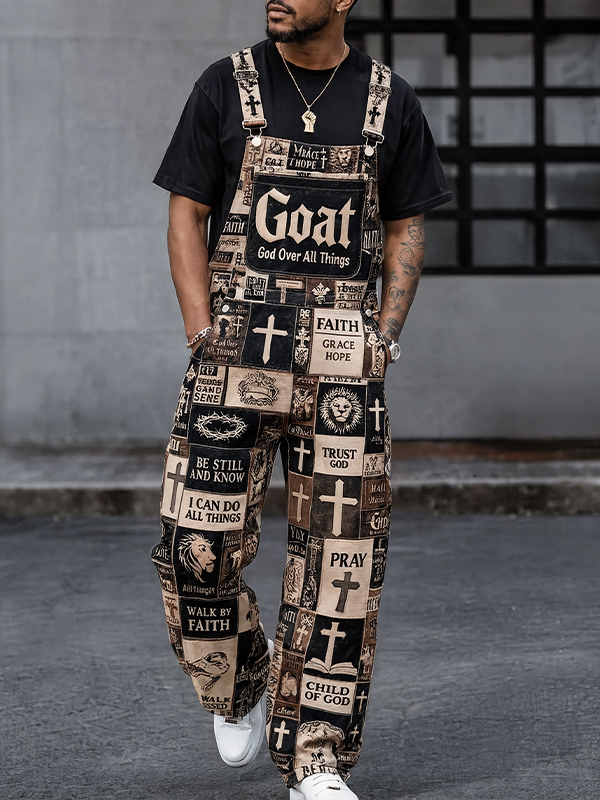 Men's Goat God Over All Things Faith Cross Print Overalls Jumpsuit