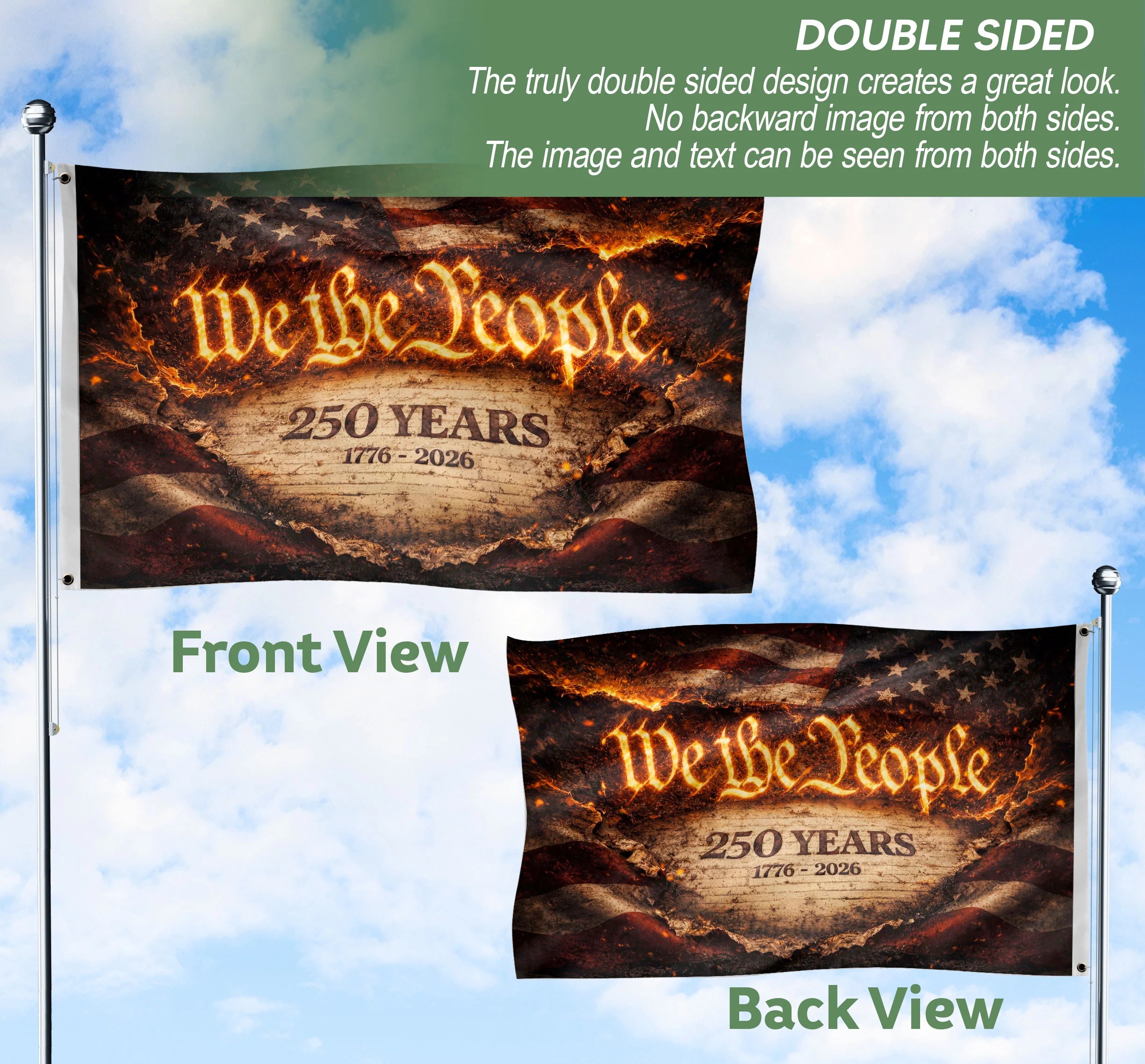 We The People 250 Years Flag 1776–2026 – Fire Style Patriotic Double