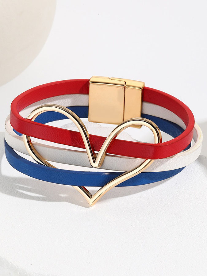 Unisex American Independence Day Flag, Red, White, Blue Color Scheme, Leather, Big Heart Magnetic Buckle Bracelet