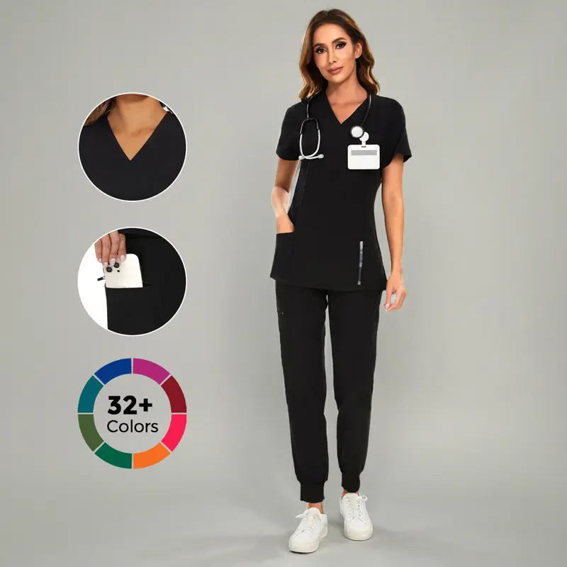 Women's Set — Stretch V-Neck Scrub Top and Jogger-Style Scrub Pants (8 Pockets)