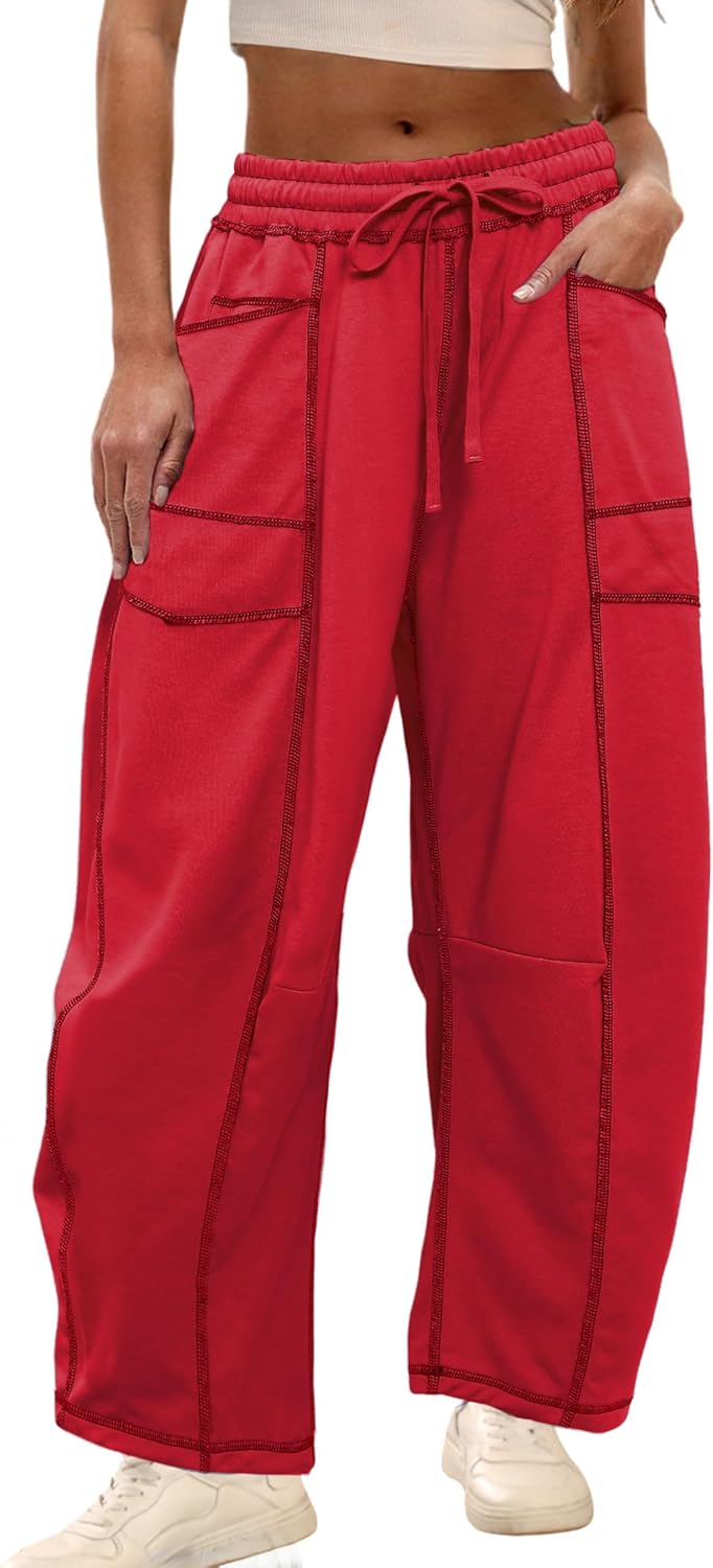 Womens Baggy Barrel Pants Wide Leg Lounge Drawstring Sweatpants with Pockets