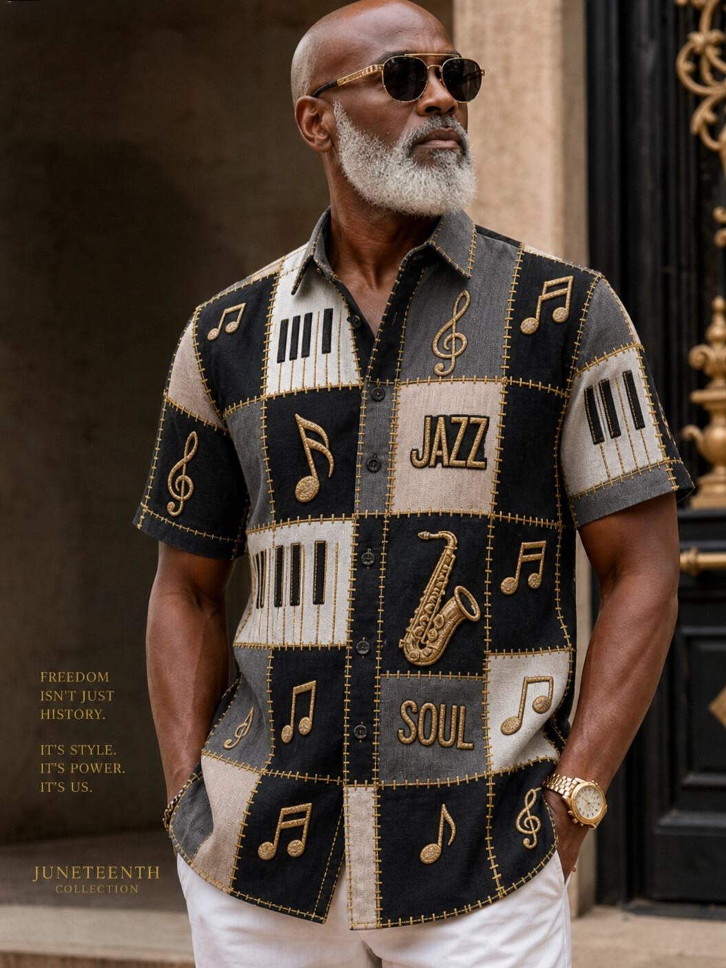 Men's Jazz Soul Saxophone Patchwork Printed Short Sleeve Shirt