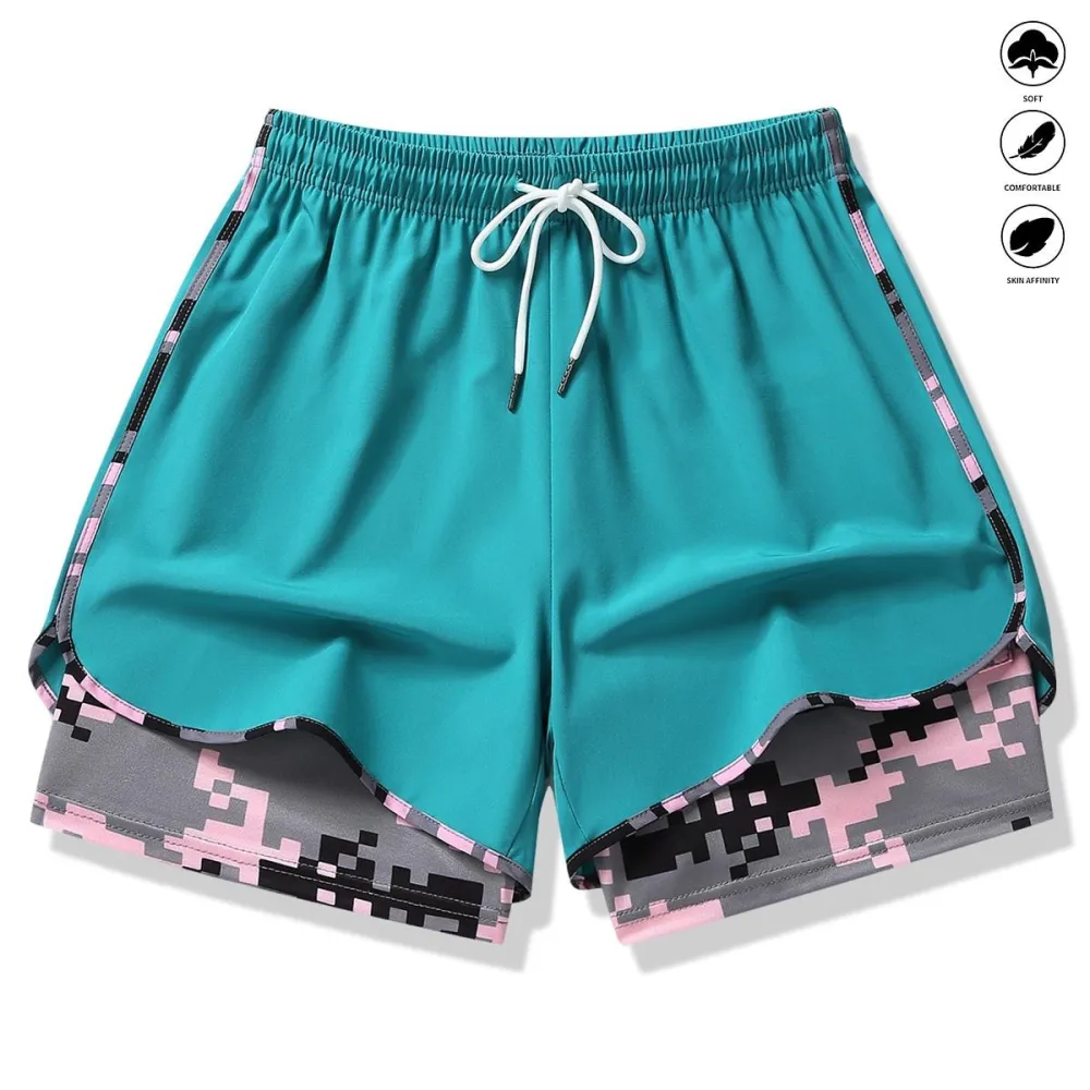 Women’s casual athletic shorts with built-in liner, drawstring, elastic waistband—suitable for outdoor sports, fitness
