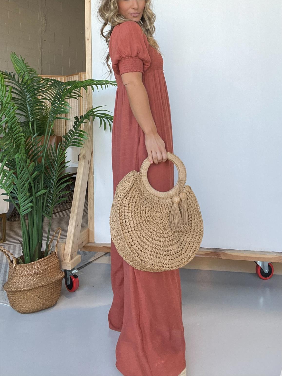 Women's Square Neckline Jumpsuit with Smocked Bodice Button