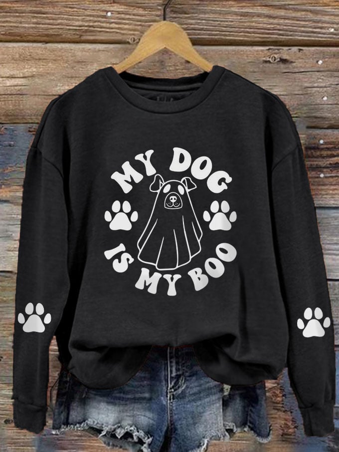 Women's My Dog Is My Boo Halloween Dog Print Crew Neck Sweatshirt