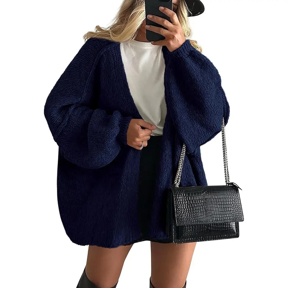 Women's Oversized Open-Front Cardigan – Long Lantern Sleeve Lightweight Knit