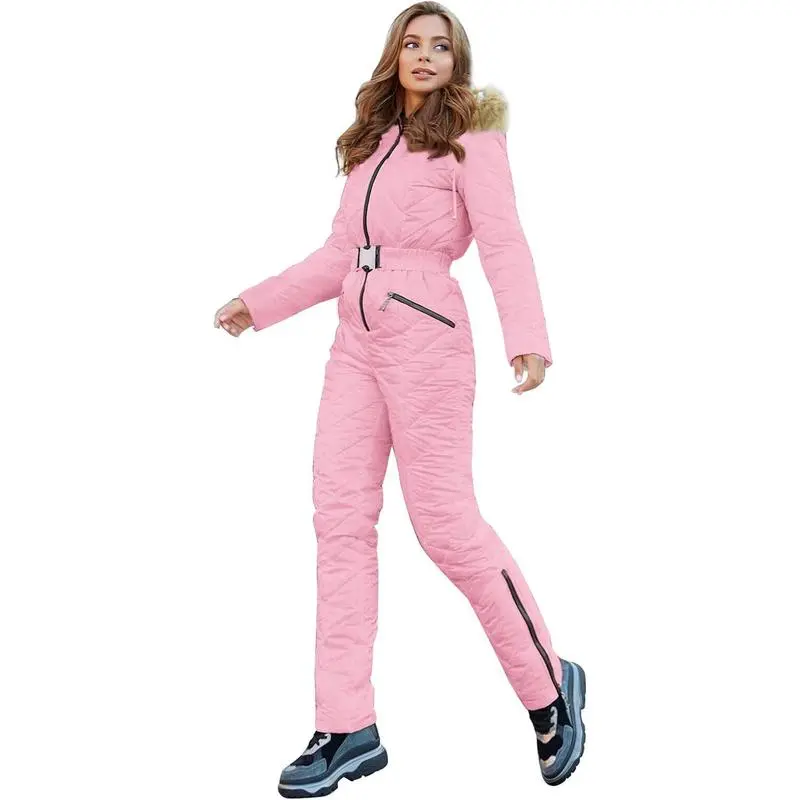 Women's Winter Ski Suit One-Piece Hooded Fur Collar Jumpsuit