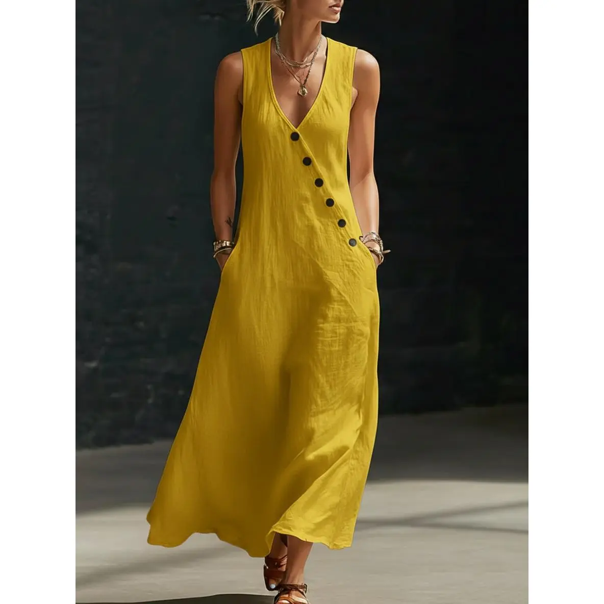 Boho Linen Maxi Dress - Perfect for Beach, Vacation & Brunch! Sleeveless V-Neck Button Detail Casual Dress with Pockets # SleevelessDress