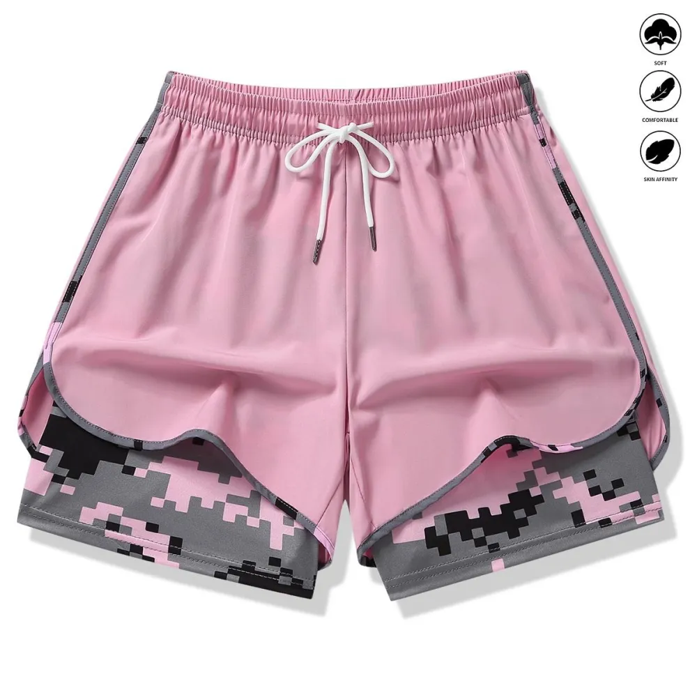 Women’s casual athletic shorts with built-in liner, drawstring, elastic waistband—suitable for outdoor sports, fitness