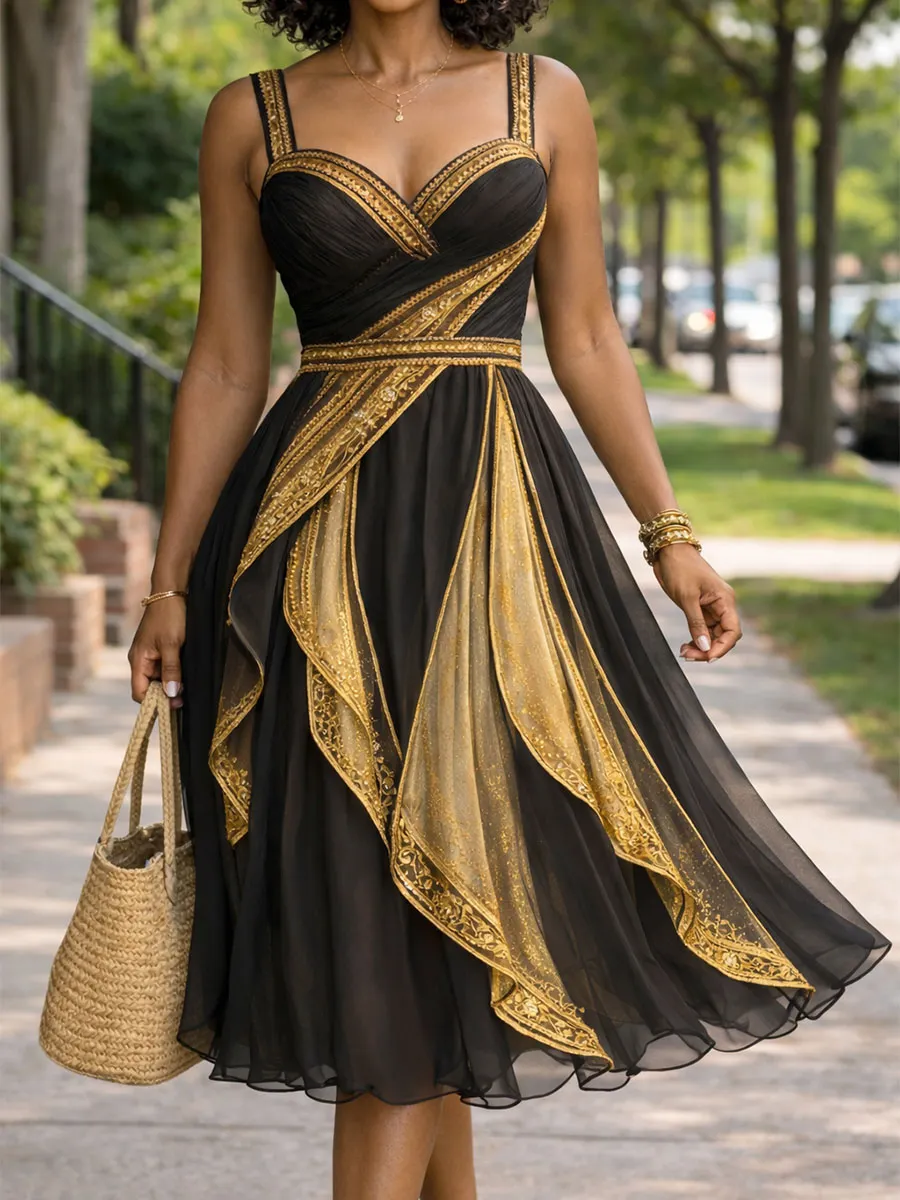 Women’s Black Gold Print Midi Dress